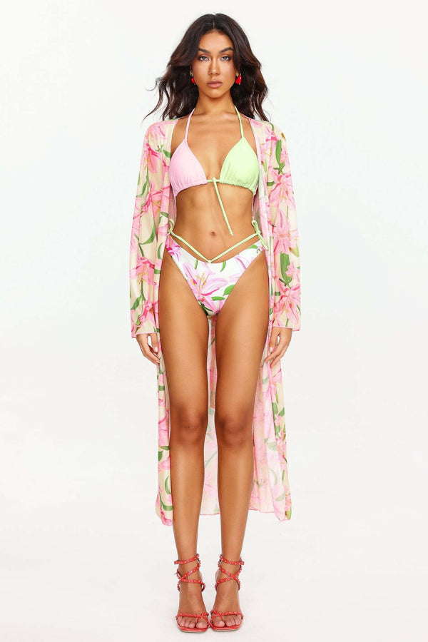 Zarinny çiçek desenli üç parça bikini seti, polyester ve spandex