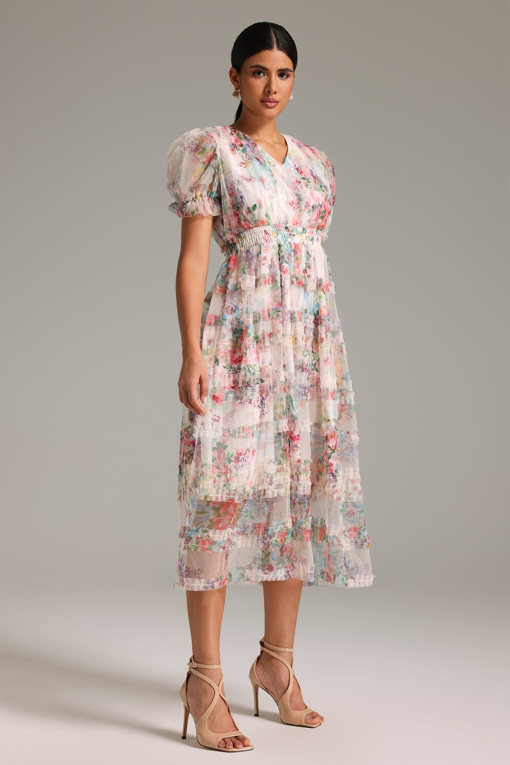 Kabarık kollu polyester elbise, Florelle marka.