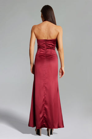 Halter Yaka Pileli Saten Maxi Elbise