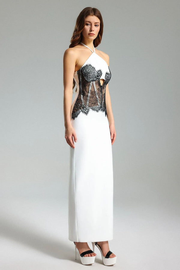Bağcıklı Dantel Mesh Halter Elbise
