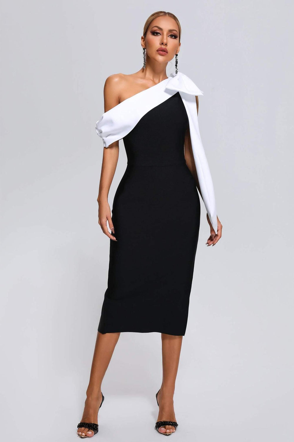 One-shoulder Elza Midi Bandage Dress with white sash and folded trim.
