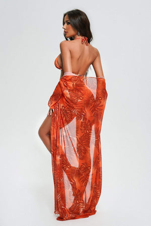 Tropikal Yaprak Desenli Üç Parça Bikini Seti