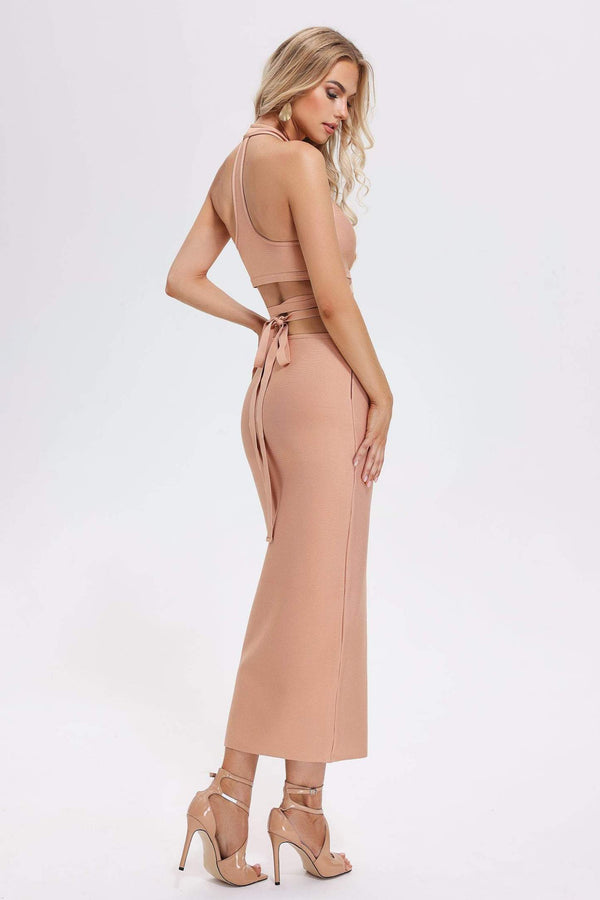 Gabrielle Halter Yaka Bantlı Pembe Elbise