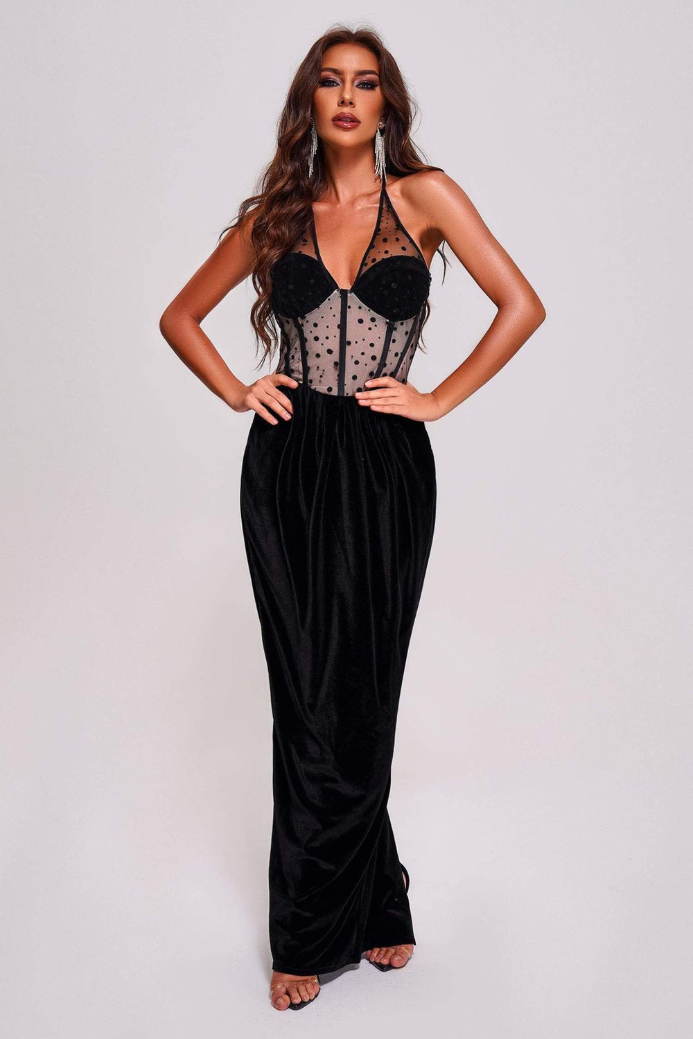 Yedda halterneck velvet maxi dress with mesh detail and lace appliques.