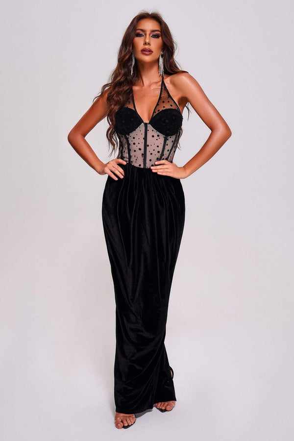 Yedda halterneck velvet maxi dress with mesh detail and lace appliques.