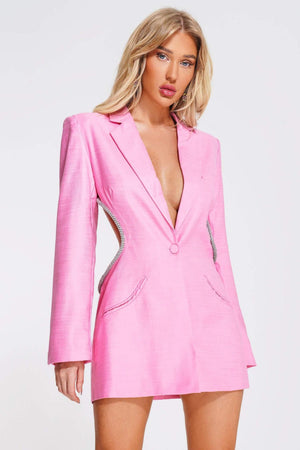 Pembe Taş Detaylı Sırt Dekolteli Blazer Elbise