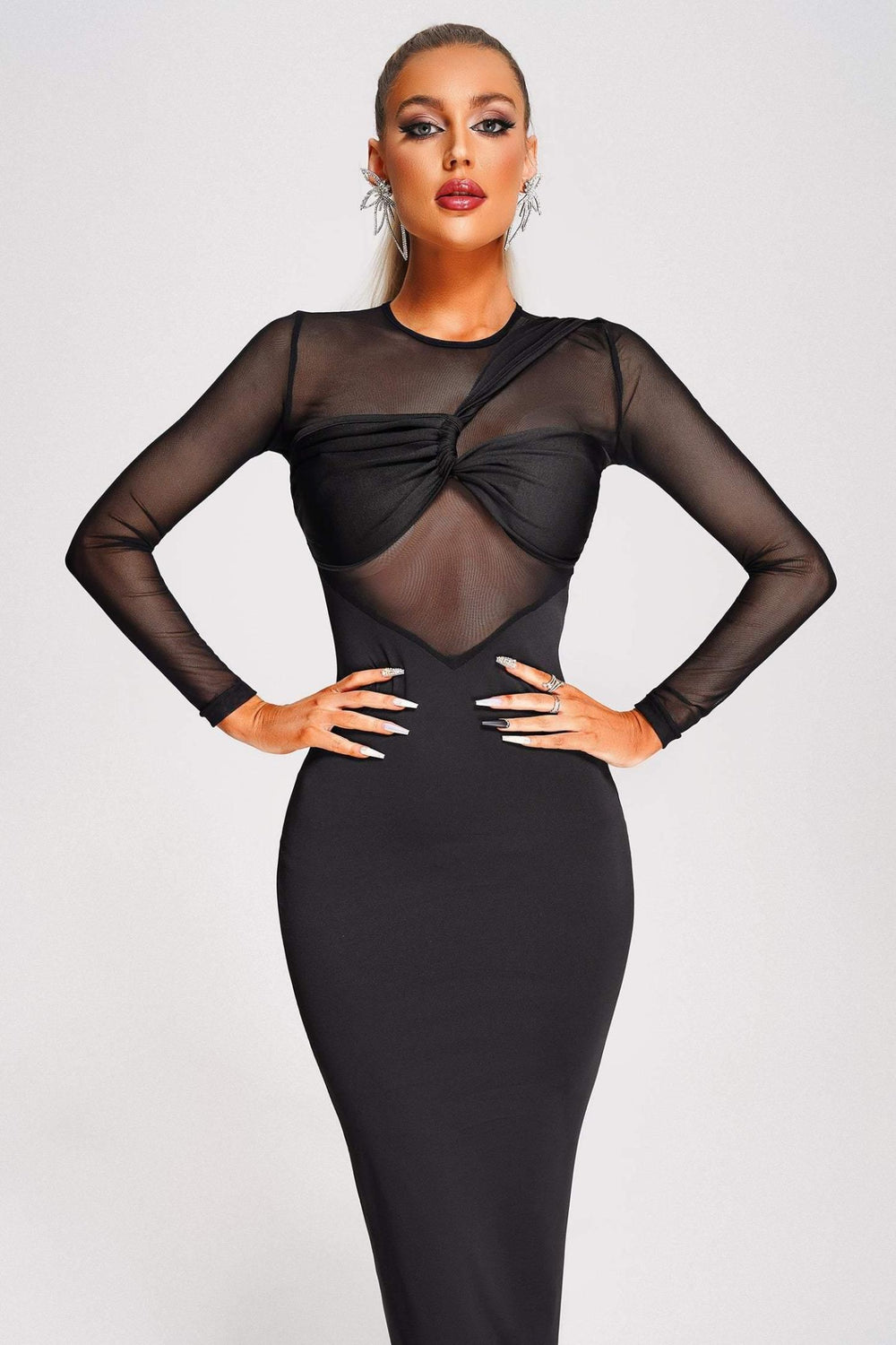 Sheer long sleeve mesh midi dress, bodycon, with rounded neckline