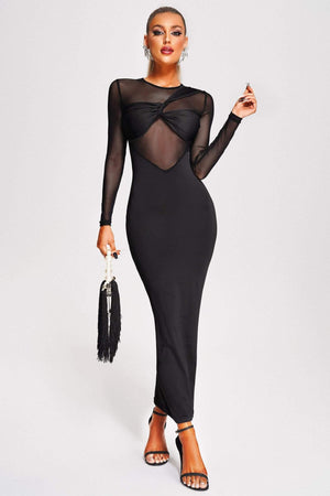 Sheer long sleeve mesh midi dress, bodycon, with rounded neckline