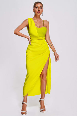 Polyester blend red evening dress with high slit, hand washable