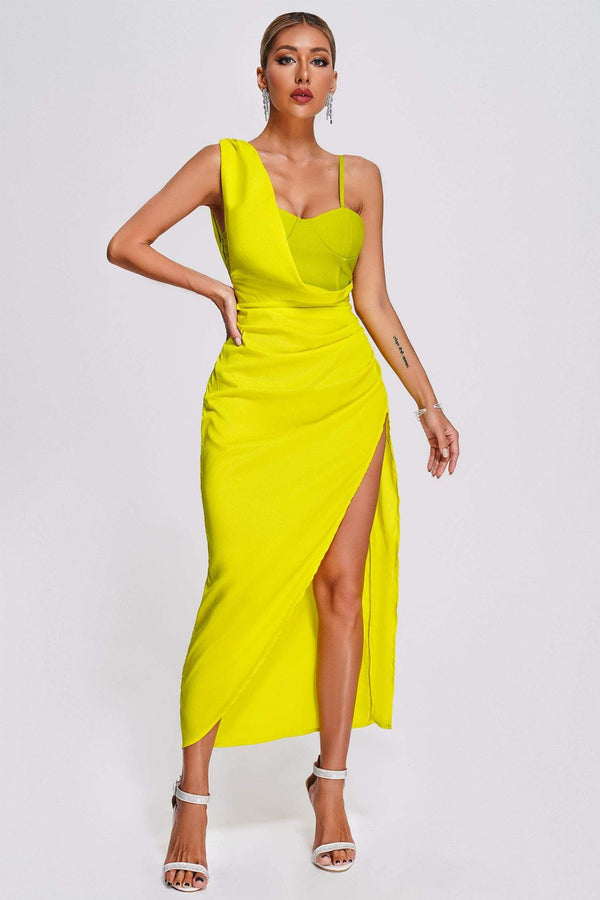 Polyester blend red evening dress with high slit, hand washable