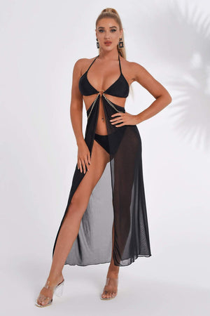 Marciella Mesh Bikini with knotted top and mid-length mesh waist cover.