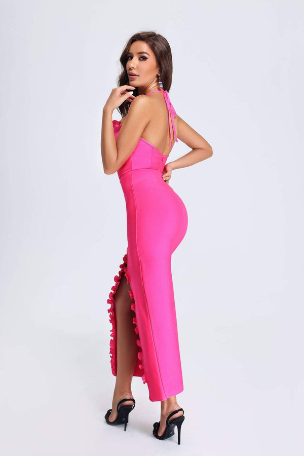 Lori Halter Yaka Pembe Bandaj Elbise