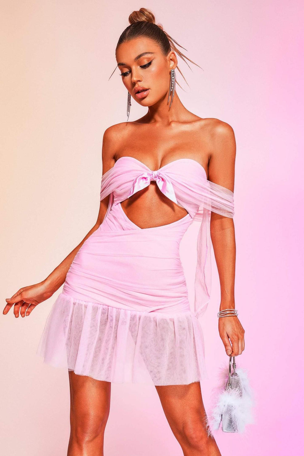 Omuz açık mini bandaj elbise, polyester ve spandex karışımı