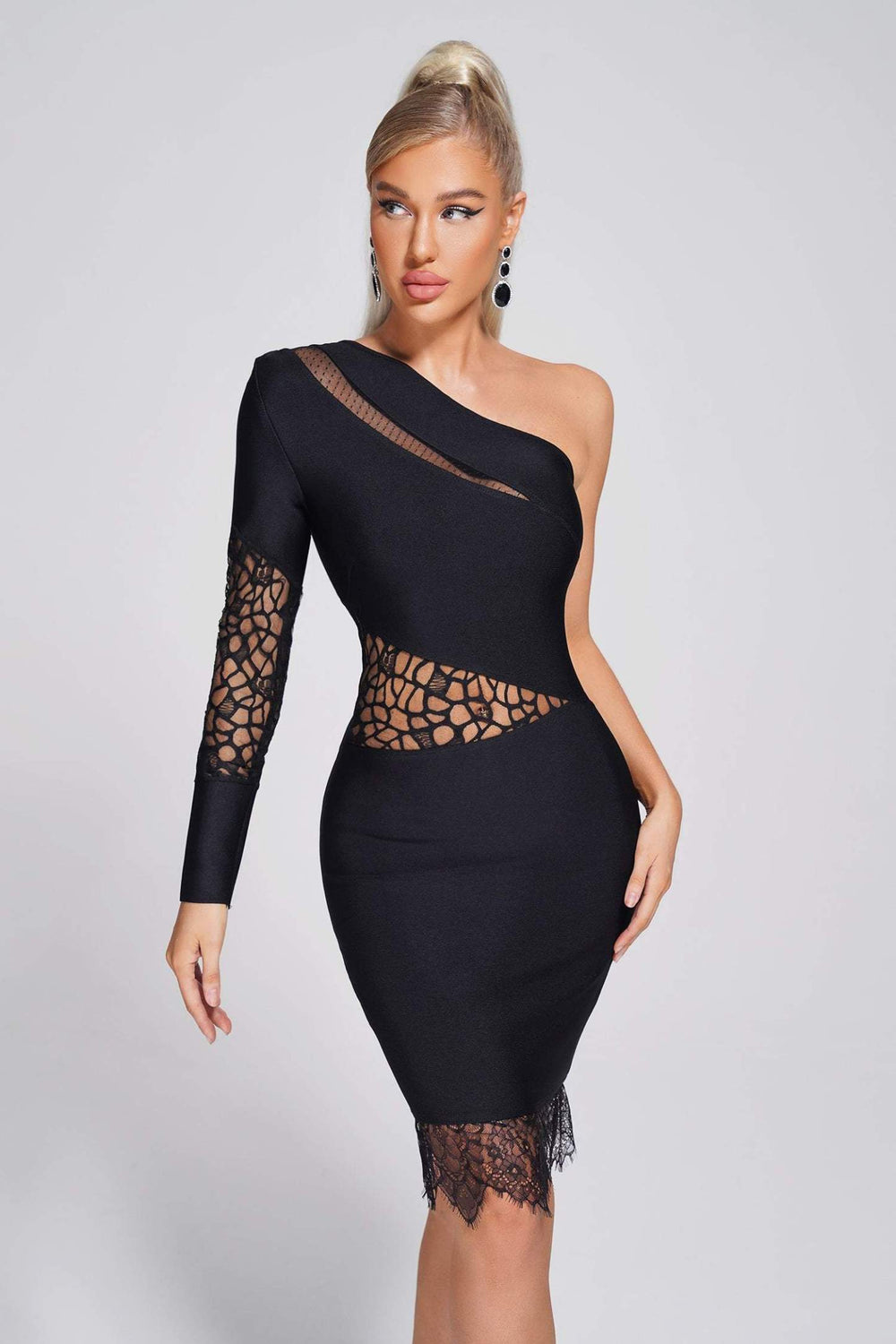 One-shoulder Cavasa lace mini bandage dress with long sleeve.