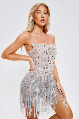 Pearl and silver sequin mini dress with tassel hem