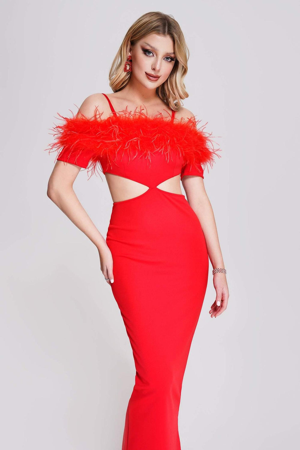 Feather-detailed midi bandage dress in Nivia style