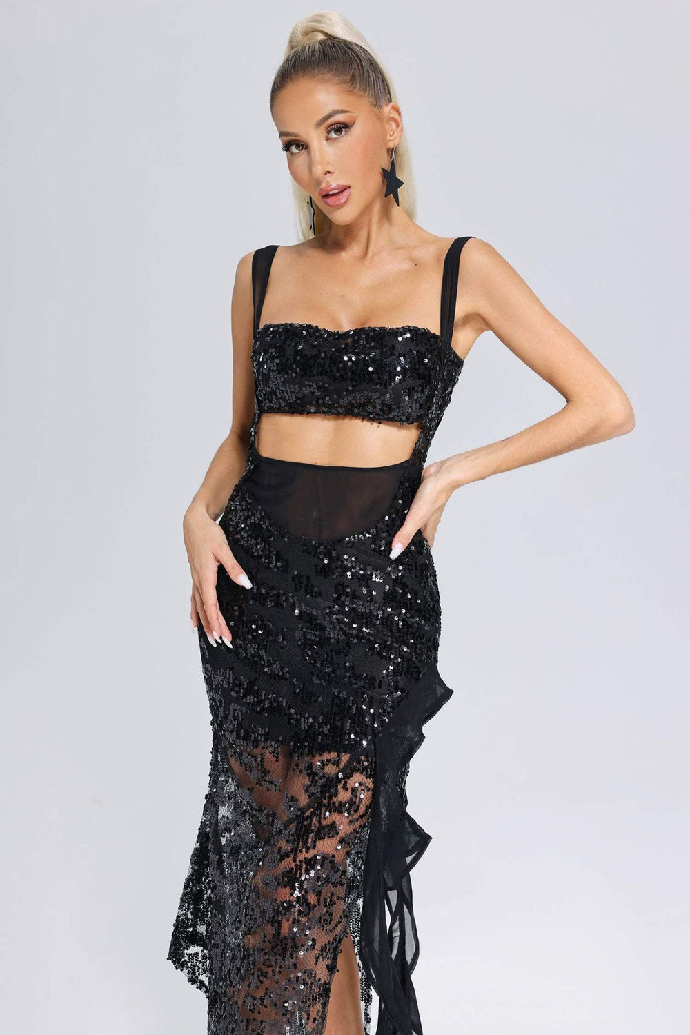 Pullu volanlı midi elbise, polyester ve spandex karışımı