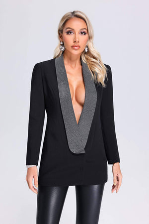 V yaka arkası açık blazer ceket, polyester ve pamuk karışımı