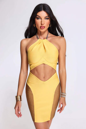 Halter yaka bandaj elbise, polyester kumaş, Walterine kesimi