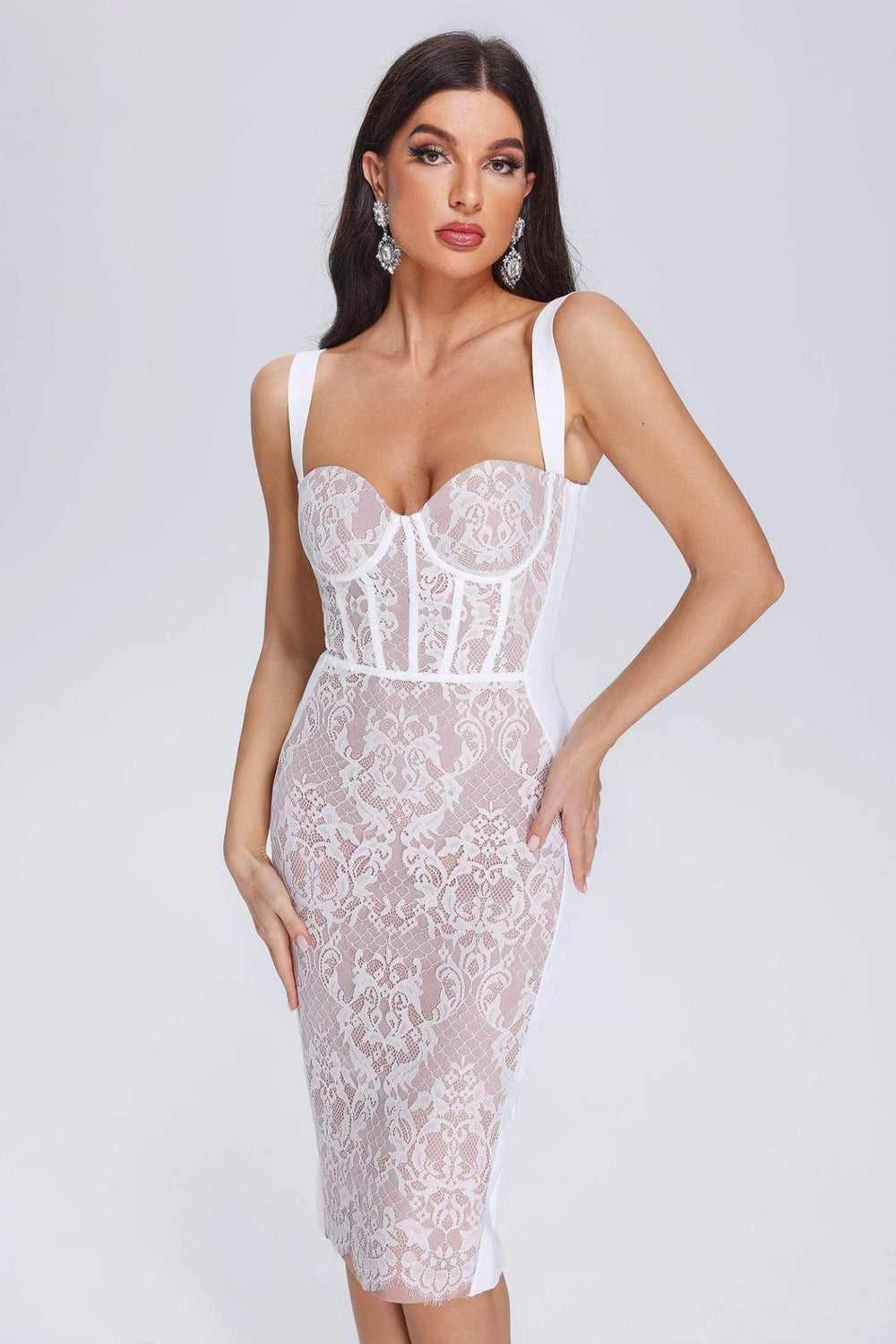 Sagako dantelli halter yaka midi bandaj elbise, polyester karışımı.