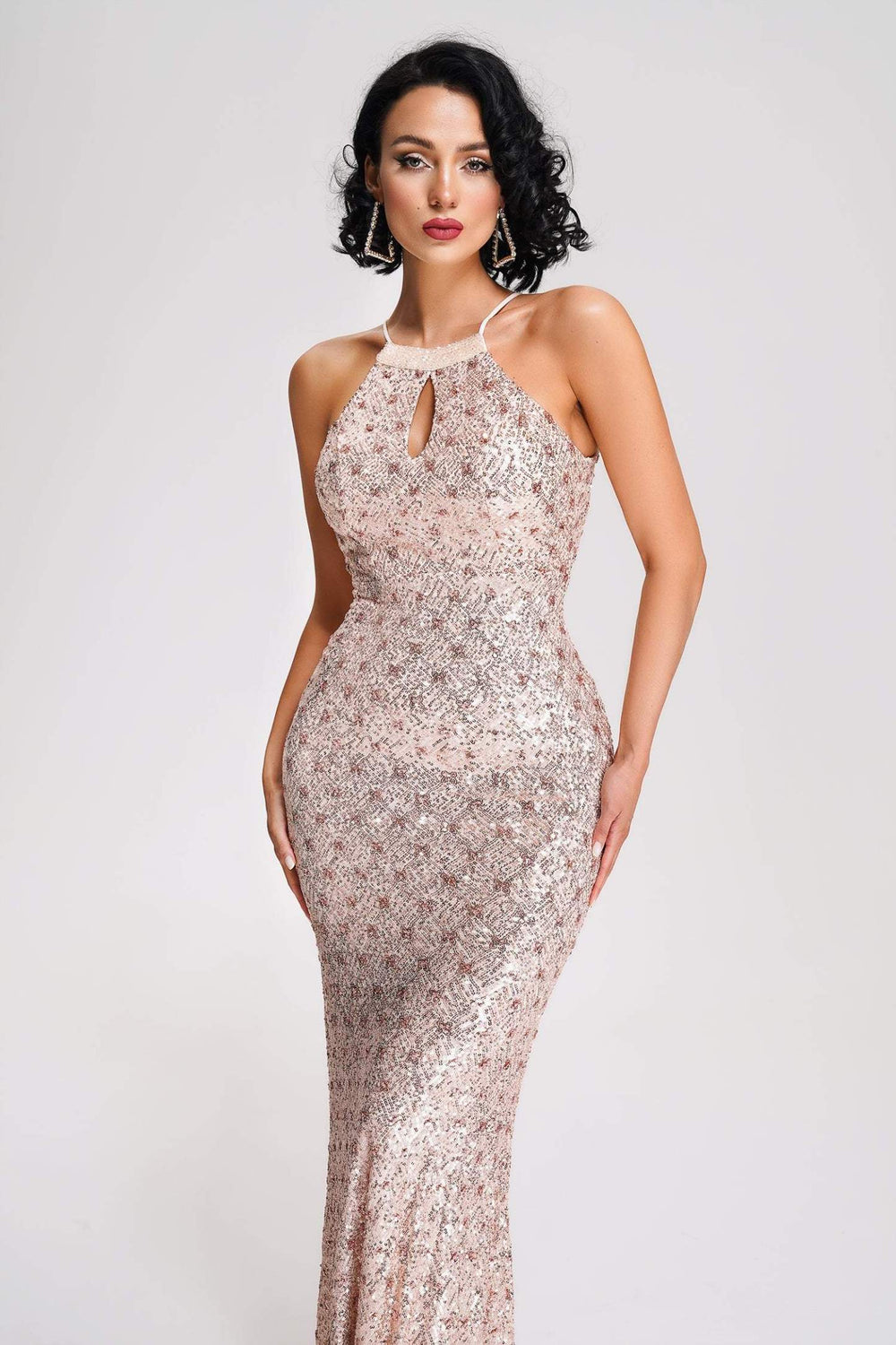 Payetli uzun elbise, polyester ve spandex karışımı, Ziska marka.