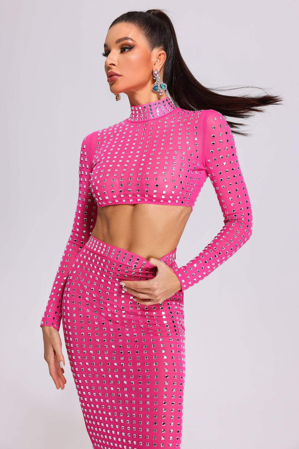 Elizabeth taş detaylı file takım, polyester ve spandex karışımı