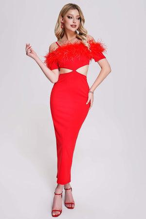 Feather-detailed midi bandage dress in Nivia style