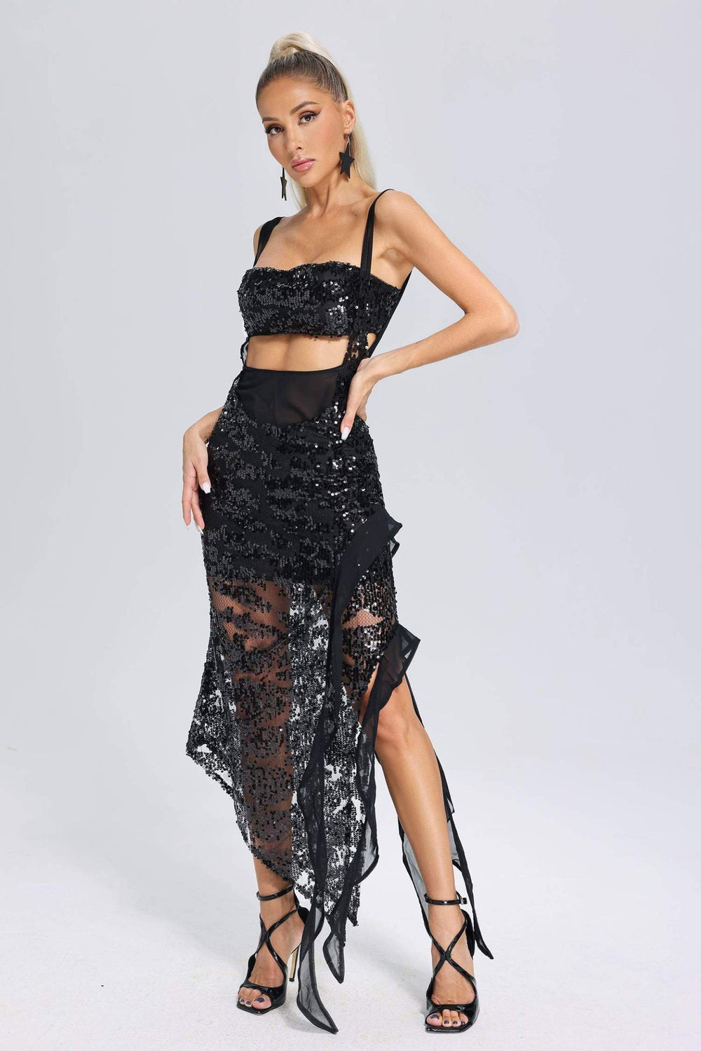 Pullu volanlı midi elbise, polyester ve spandex karışımı