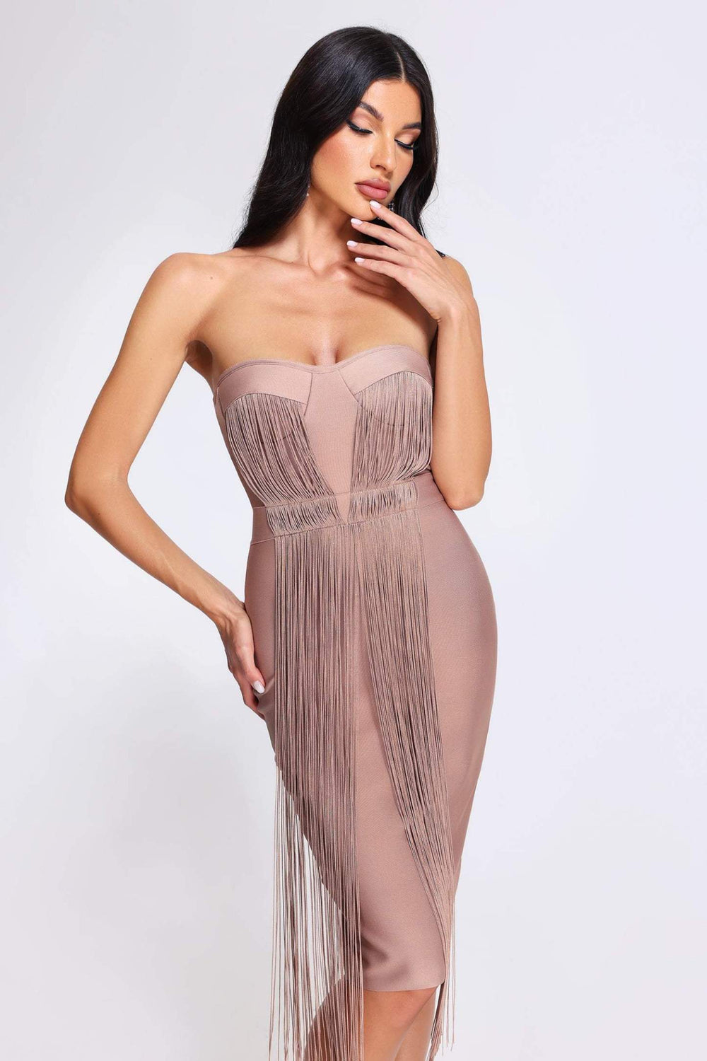 Xiamara püsküllü bandaj midi elbise, polyester ve spandex karışımı