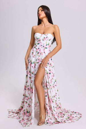 Çiçek desenli Ophelia maksi elbise, polyester kumaştan.