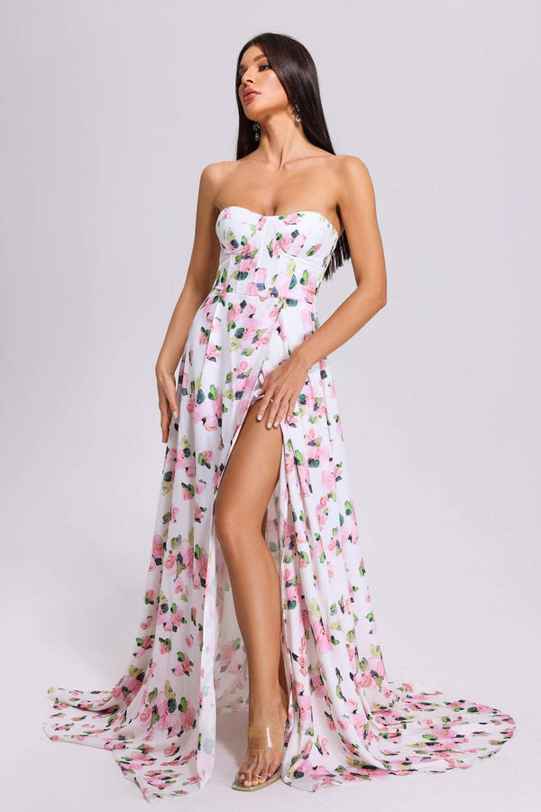 Çiçek desenli Ophelia maksi elbise, polyester kumaştan.