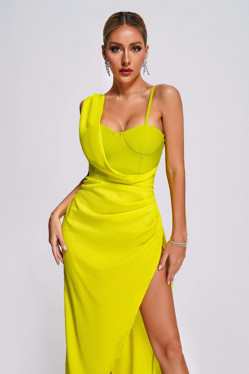 Polyester blend red evening dress with high slit, hand washable