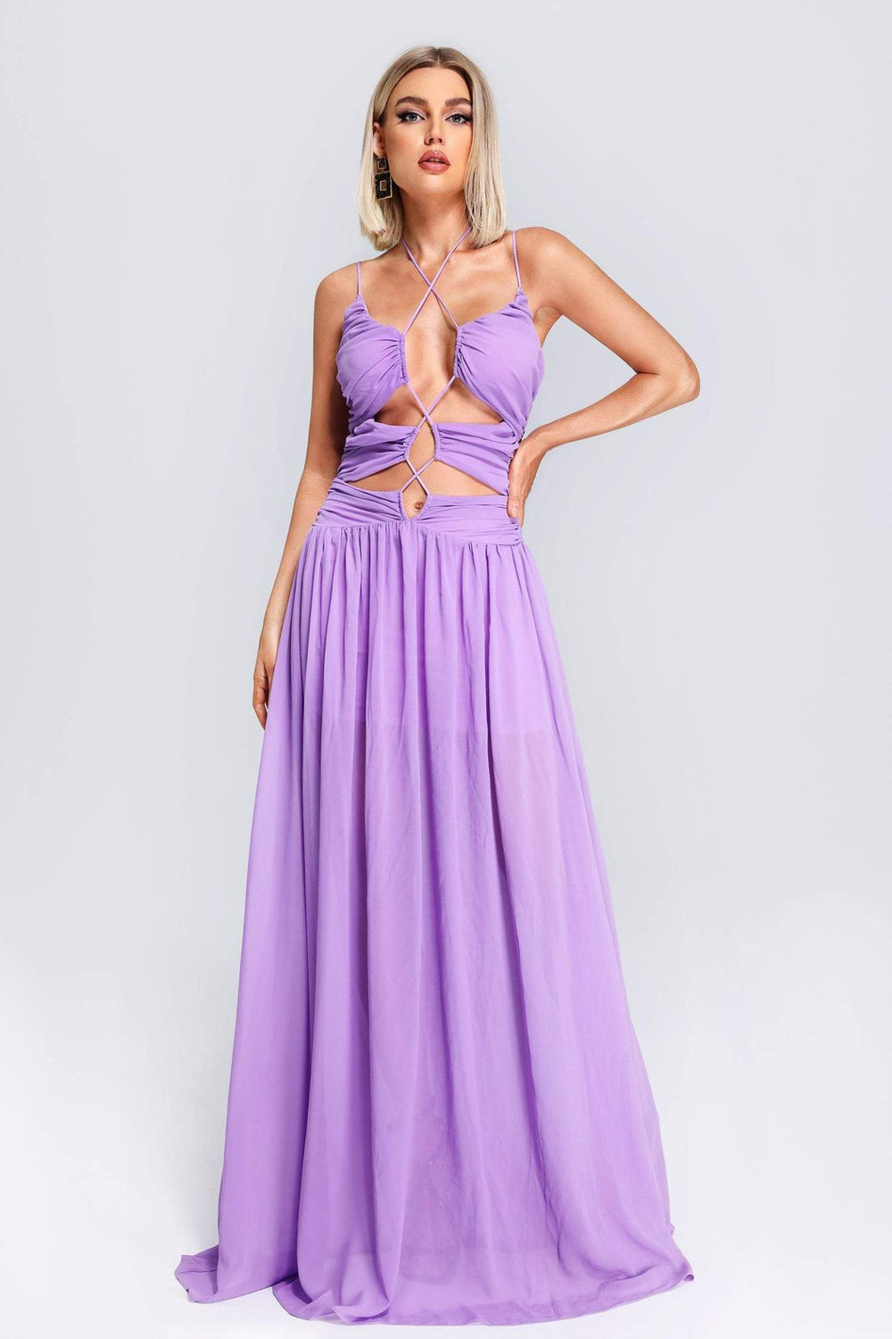 Alma kesimli halter yaka maksi elbise, polyester kumaşlı
