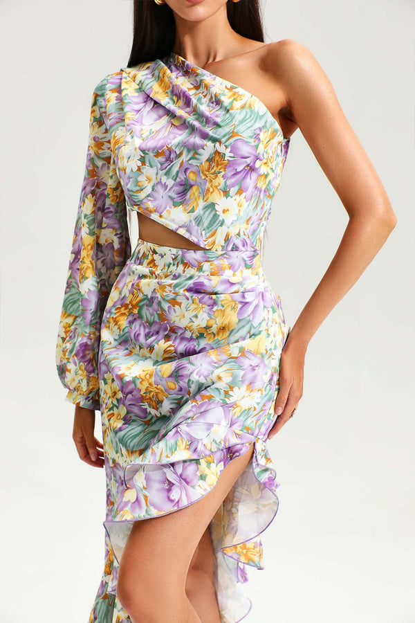 Mor Çiçek Desenli Asimetrik Yaka Volanlı Uzun Elbise